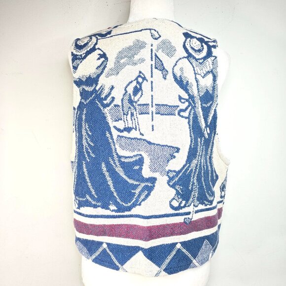 Vintage 70s Maxson Tapestri Oatmeal White Blue Woman Golf Tapestry Vest - Picture 6 of 7